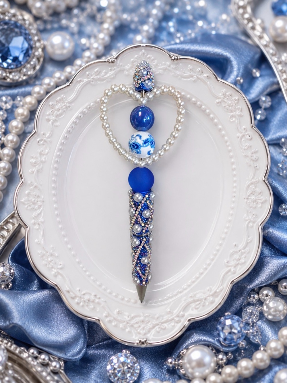 Handcrafted Blue Pearl Beaded Decorative Pen